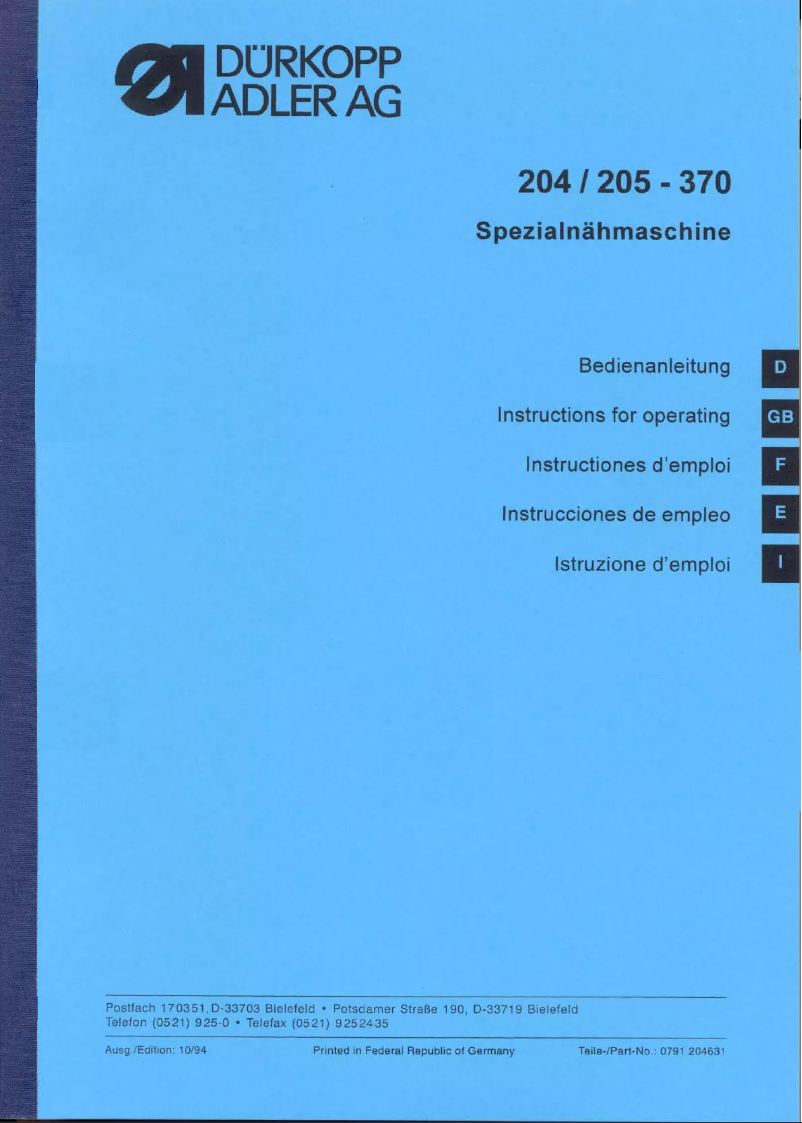 Page n°1 - Manuel utilisateur Dürkopp Adler 205-370