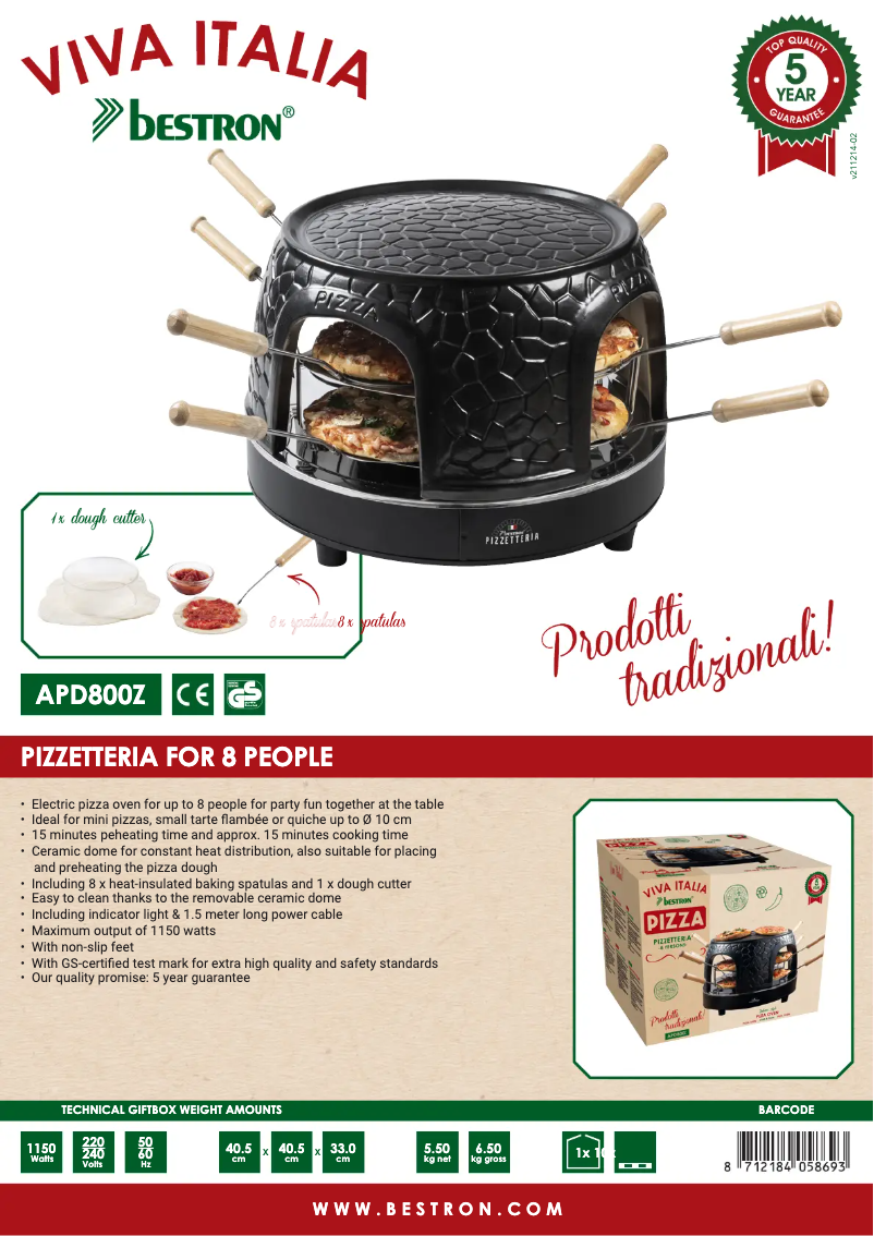 Page n°1 - Fiche technique Bestron Pizzetteria APD800Z