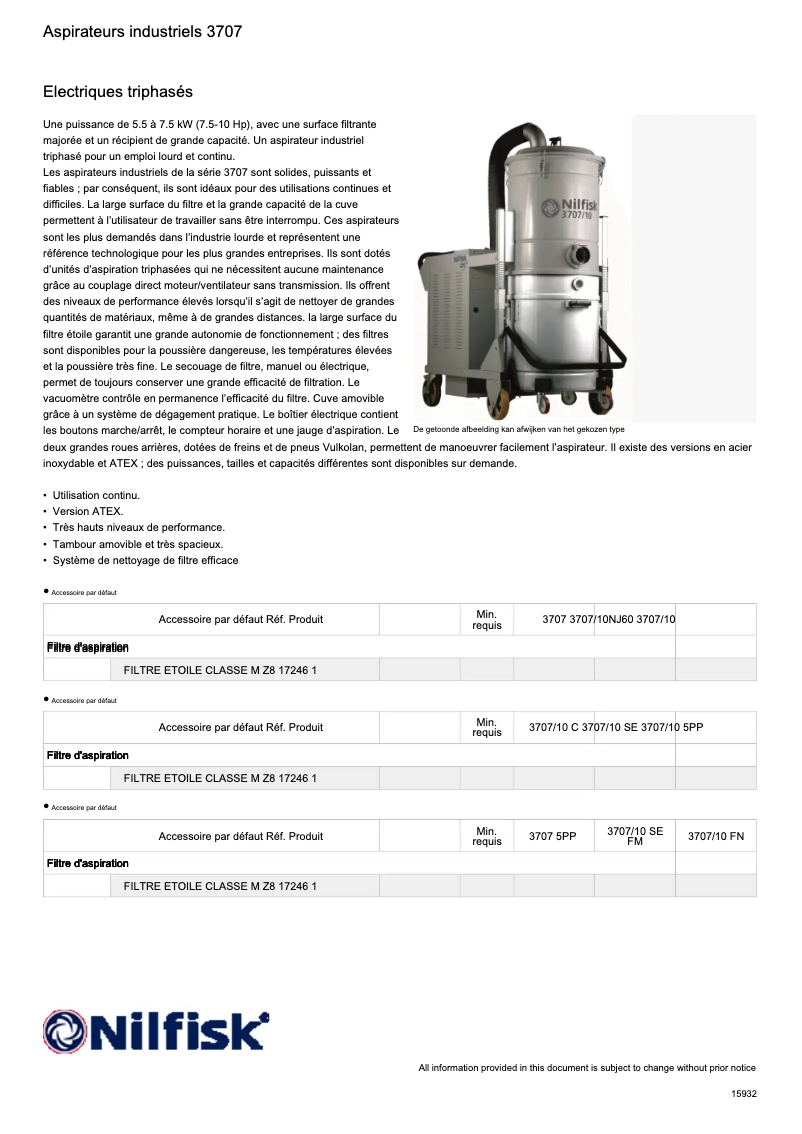 Page 1 de la notice Fiche technique Nilfisk 3707