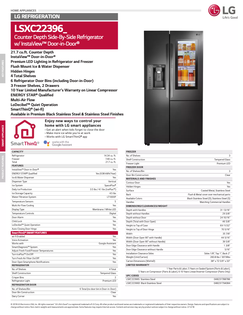 Page 1 de la notice Fiche technique LG LSXC22396S