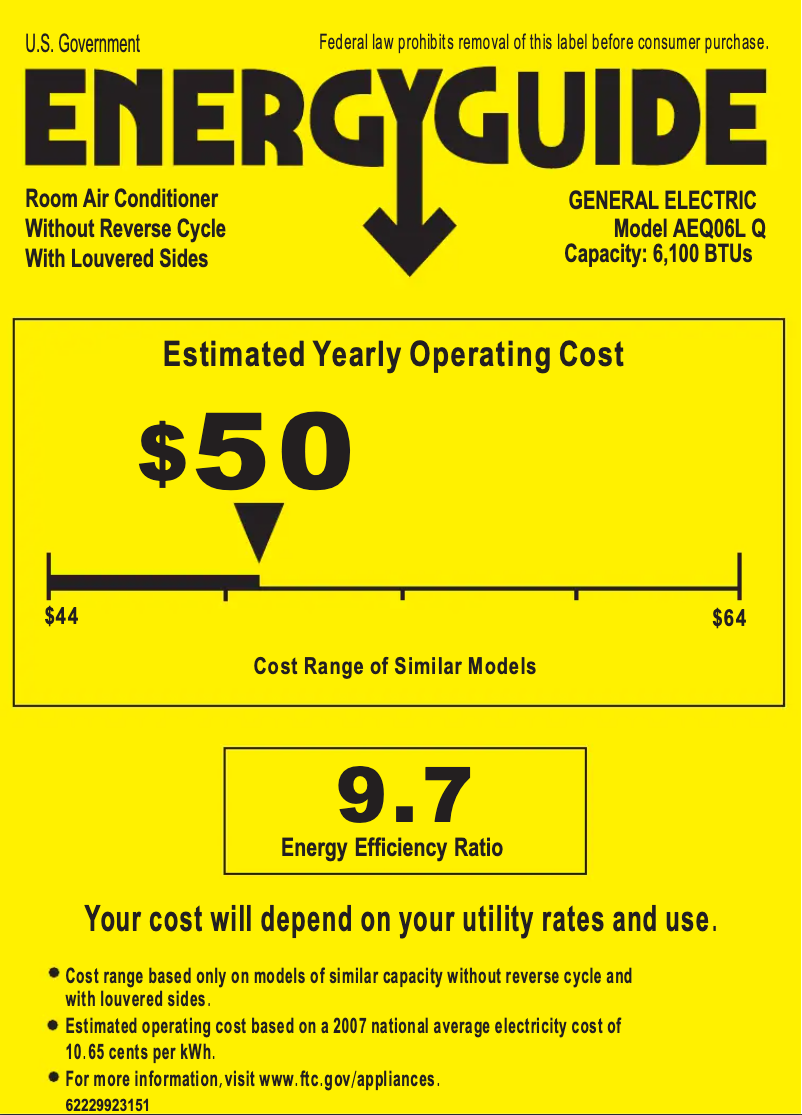 Page 1 de la notice Label énergétique GE AEQ06LQ