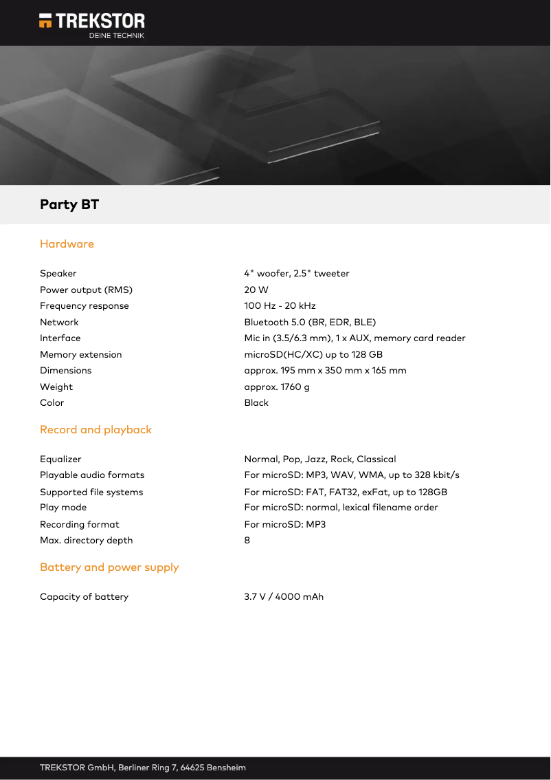 Página 1 del manual Ficha técnica TrekStor Party BT