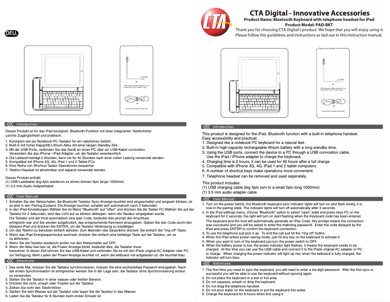 Page n°1 - Manuel utilisateur CTA Digital PAD-BKT