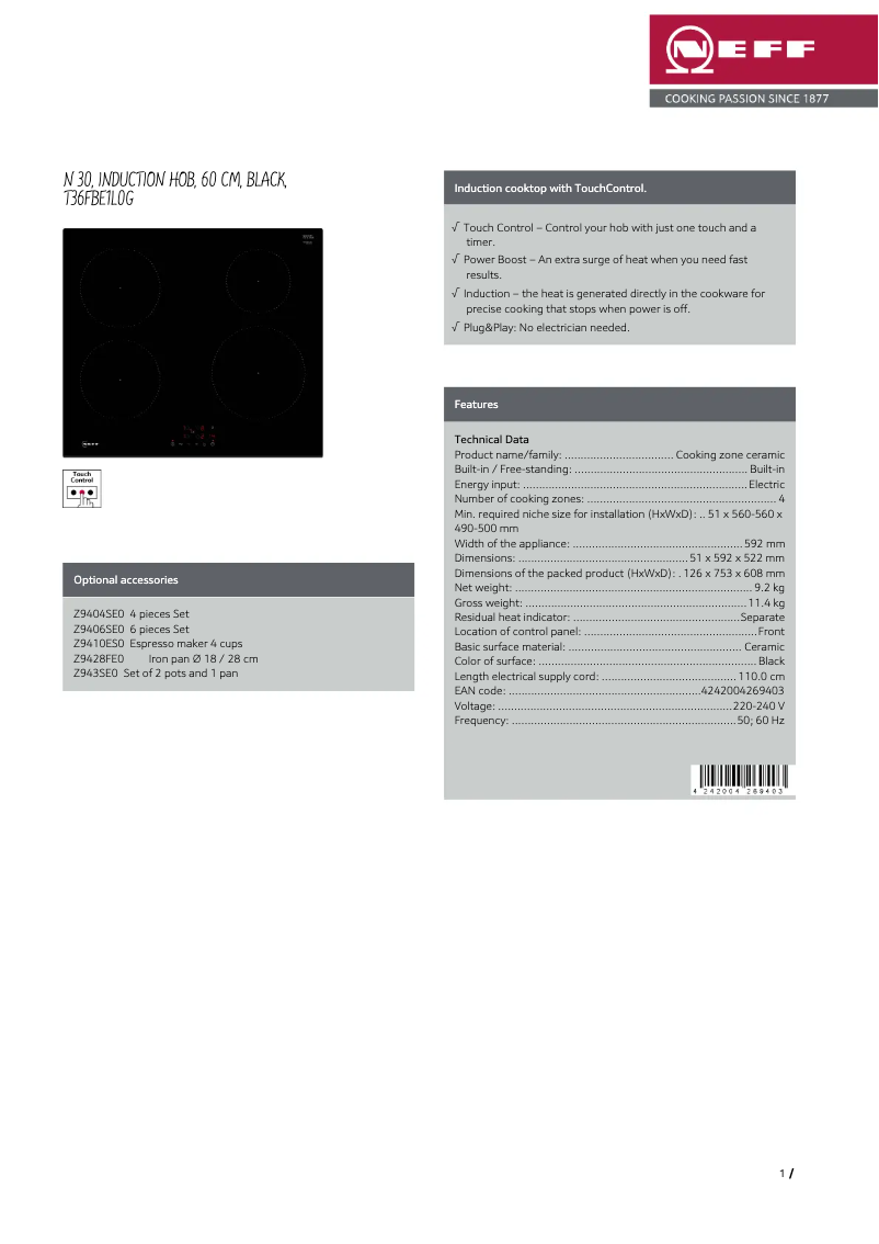 Page 1 de la notice Fiche technique Neff T36FBE1L0G