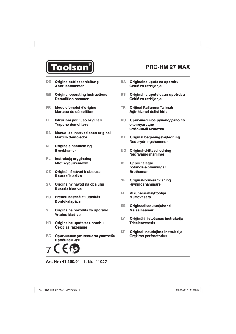 Page 1 de la notice Manuel utilisateur Toolson PRO-HM 27 MAX