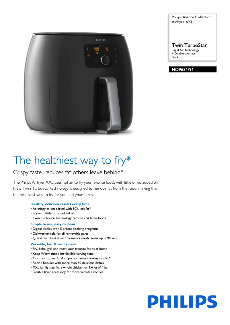 Page 1 de la notice Fiche technique Philips Avance Collection Airfryer XXL HD9651