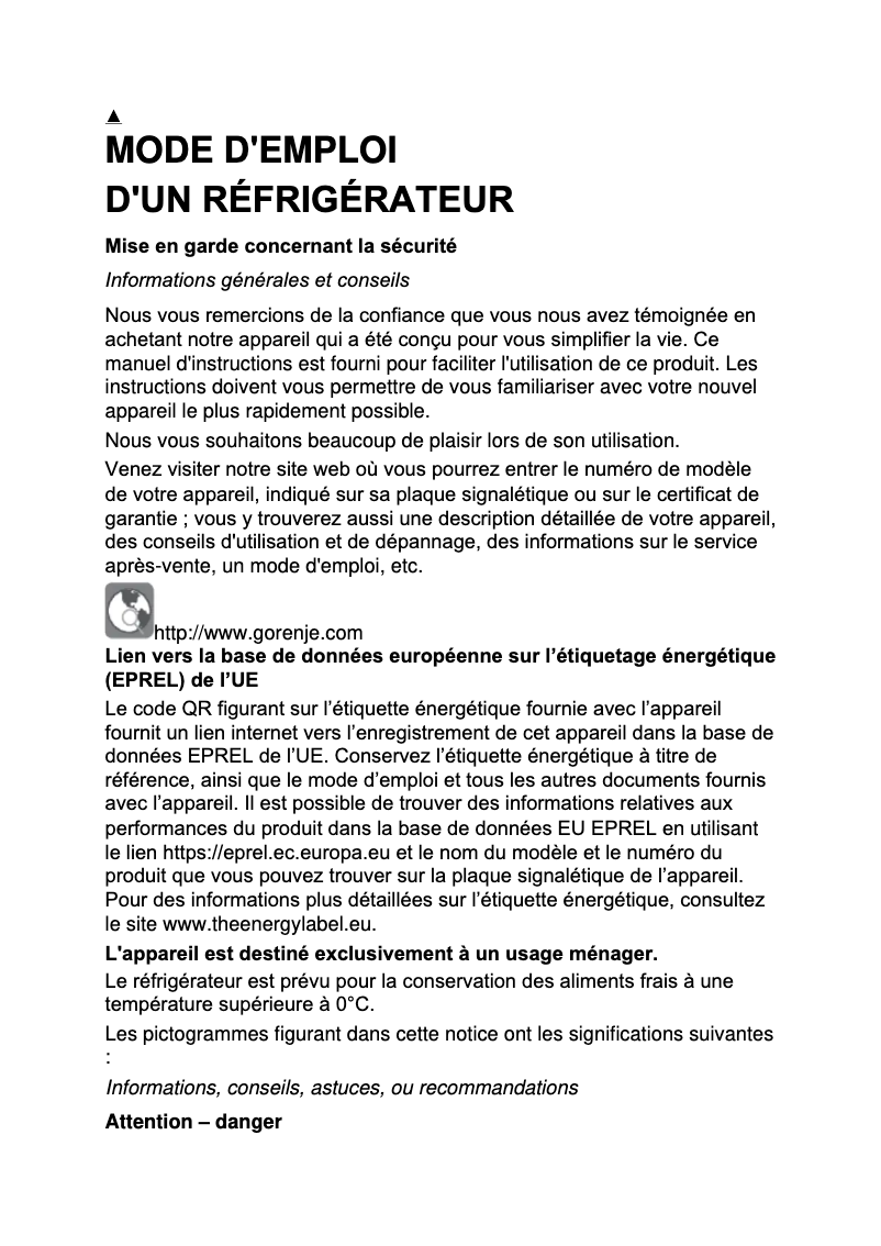Page 1 de la notice Manuel utilisateur Gorenje R619DAXL6