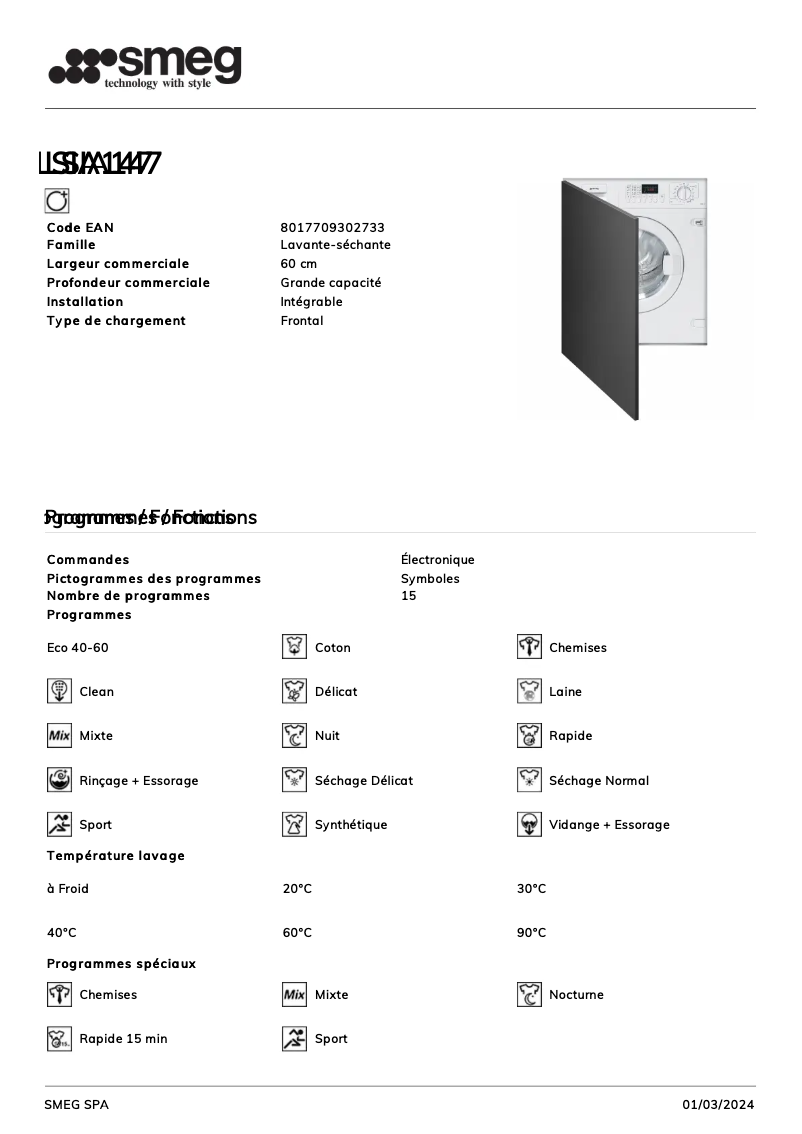 Page n°1 - Fiche technique Smeg LSIA147