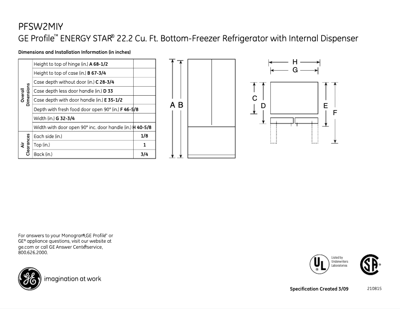 Page n°1 - Fiche technique GE Profile PFSW2MIYSS