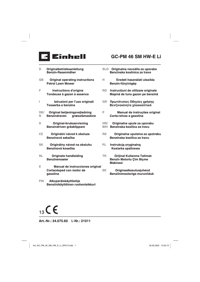 Page n°1 - Manuel utilisateur Einhell GC-PM 46 SM HW-E Li