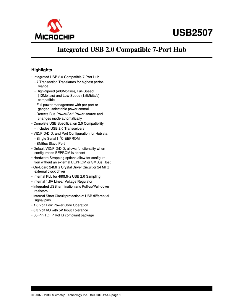 Page 1 de la notice Fiche technique Microchip USB2507