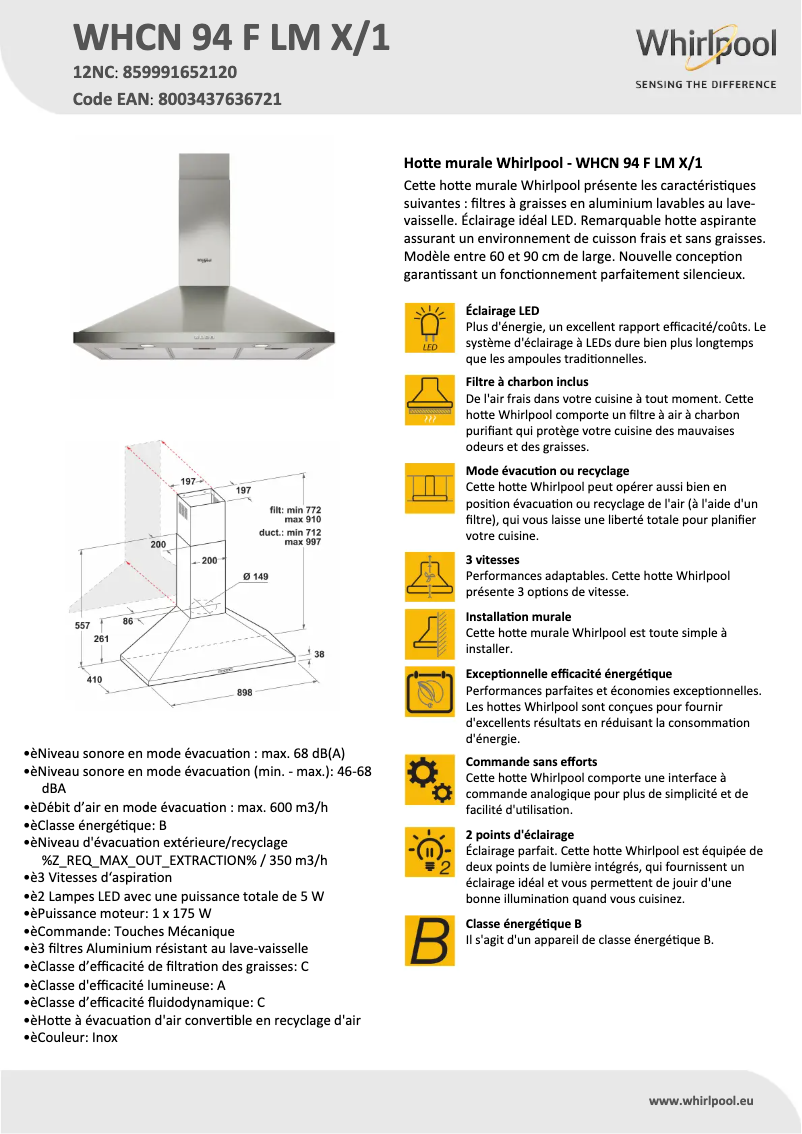 Página 1 del manual Ficha técnica Whirlpool WHCN 94 F LM X