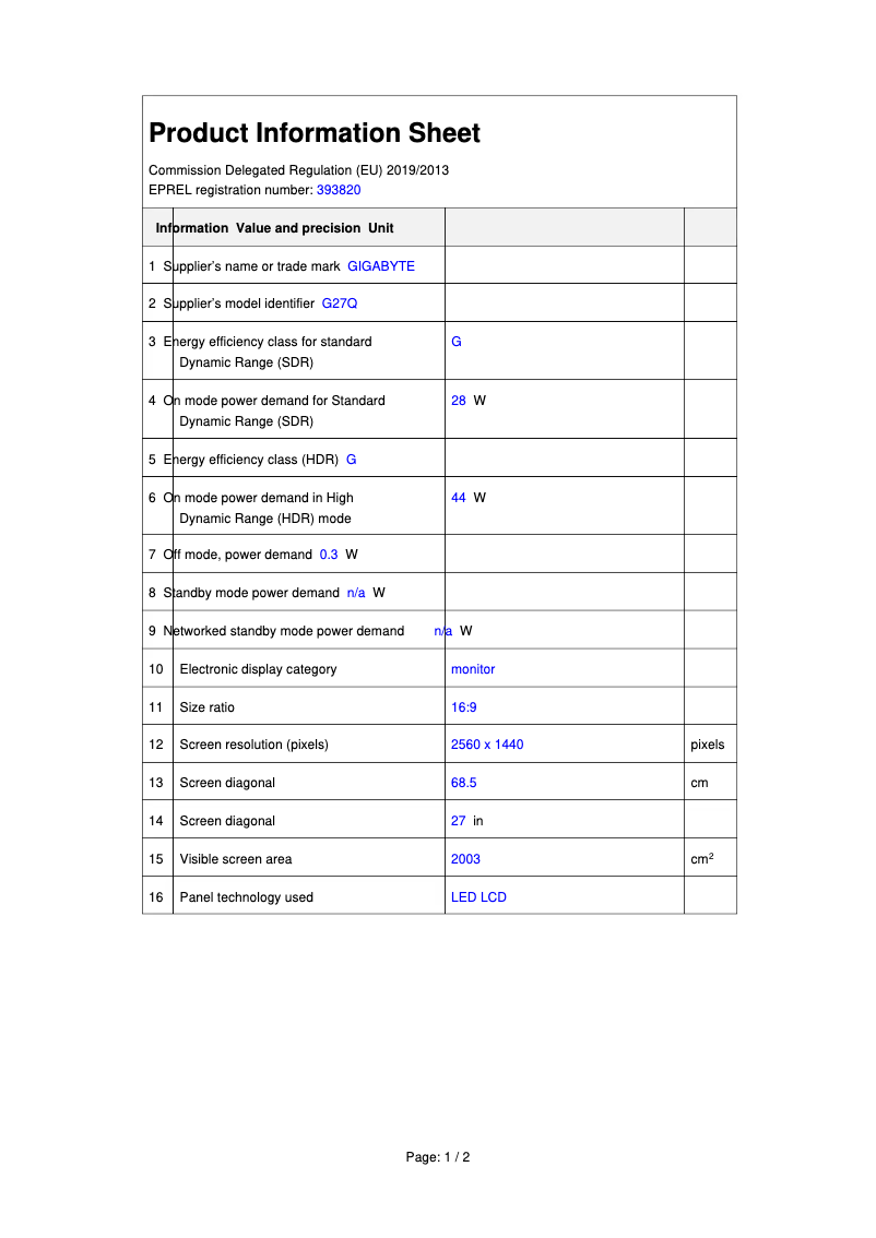 Page 1 de la notice Fiche technique Gigabyte G27Q