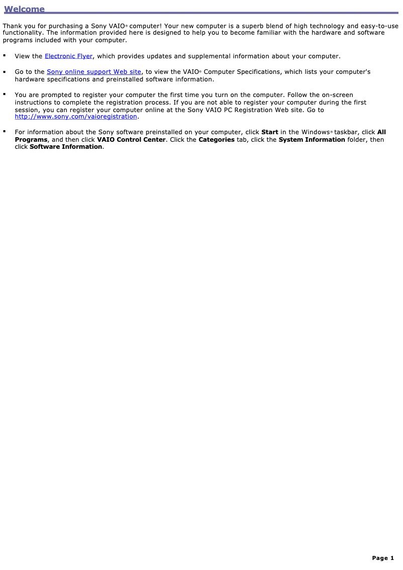 Page 1 de la notice Manuel utilisateur Sony Vaio VGC-RA840G