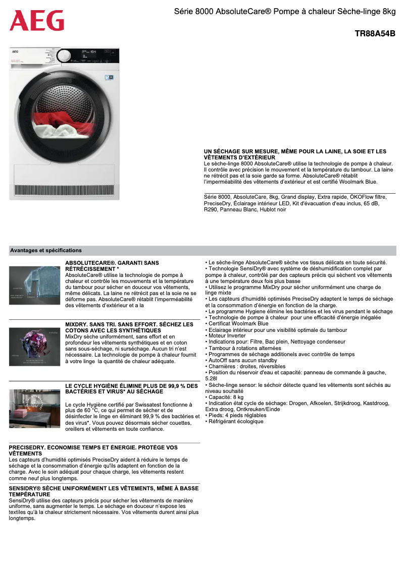 Página 1 del manual Ficha técnica AEG TR88A54B