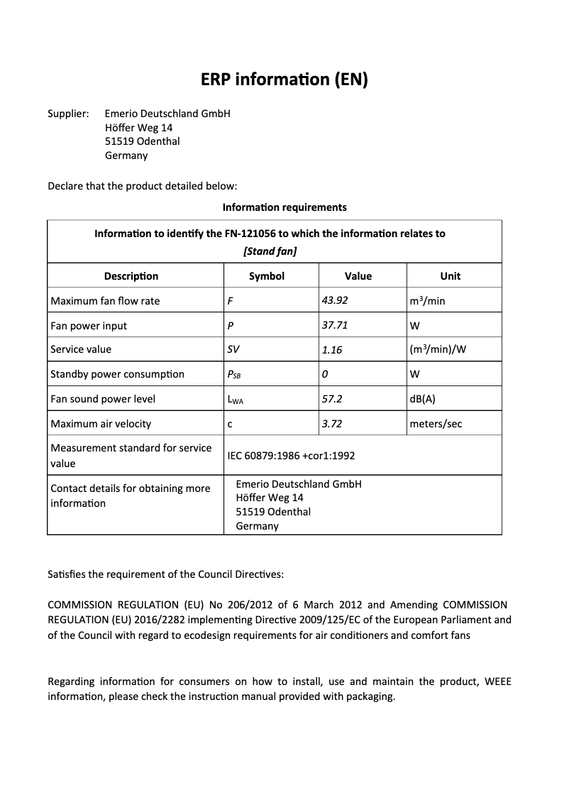 Page 1 de la notice Fiche technique Emerio FN-121056