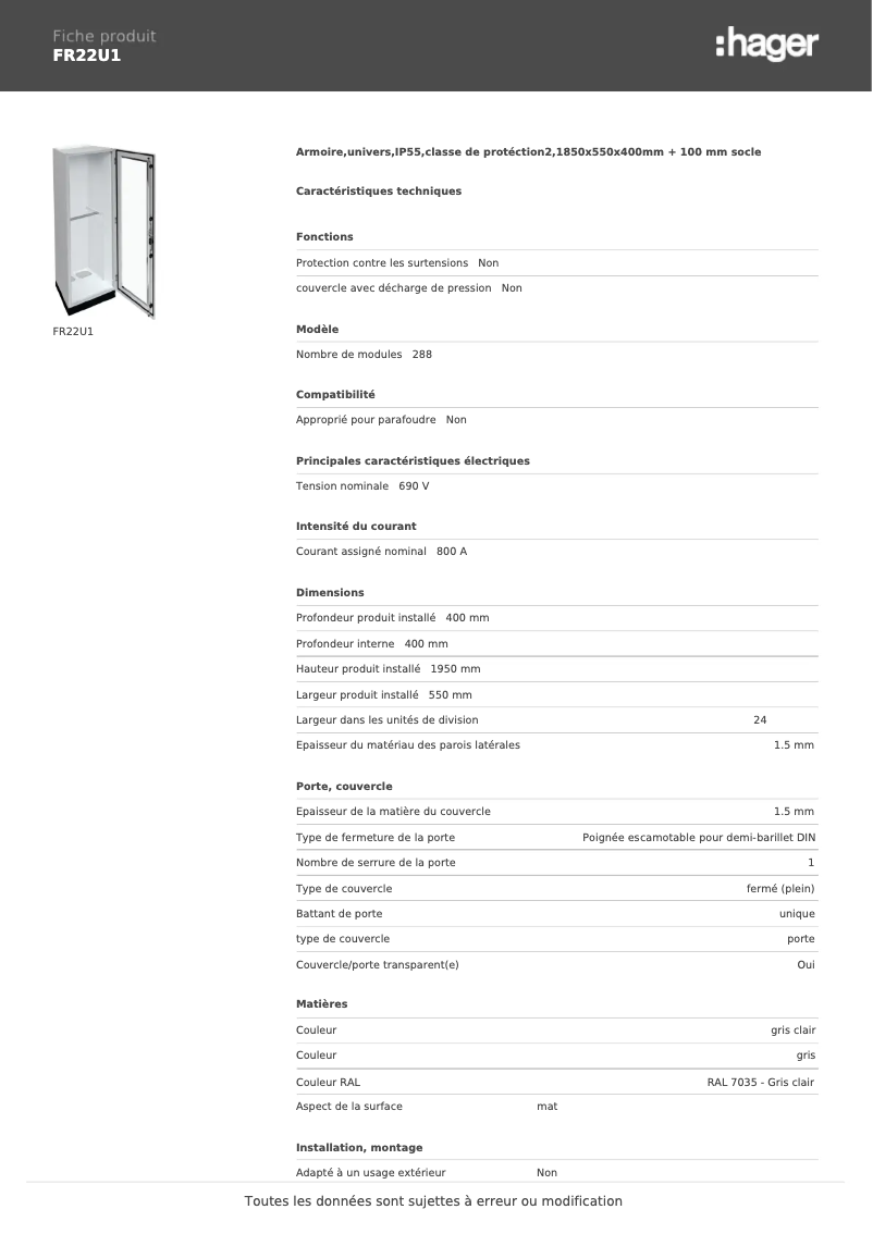 Page 1 de la notice Fiche technique Hager FR22U1