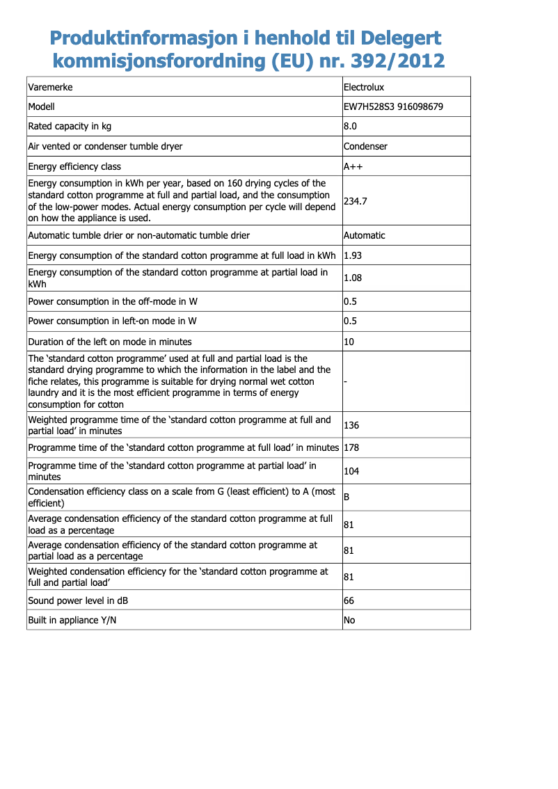 Page 1 de la notice Fiche technique Electrolux EW7H528S3