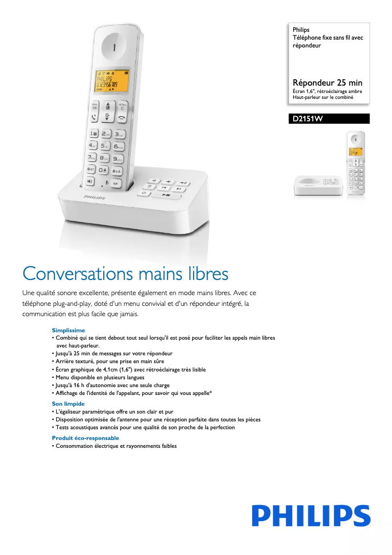 Página 1 del manual Ficha técnica Philips D2151W