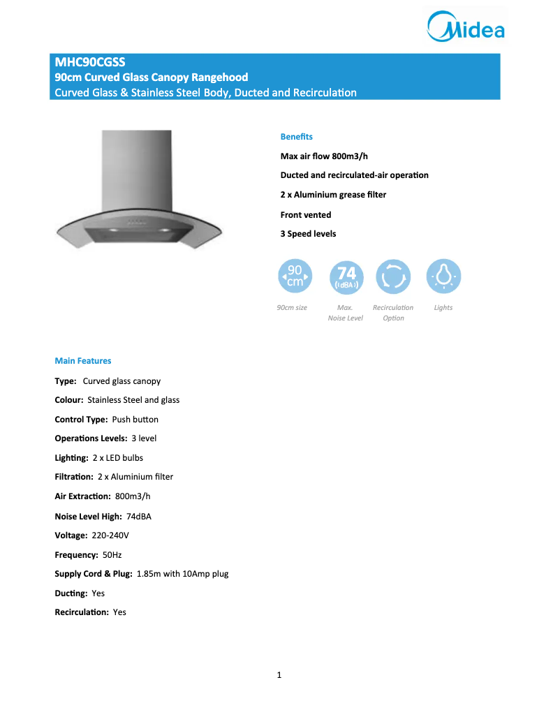 Page n°1 - Fiche technique Midea MHC90CGSS