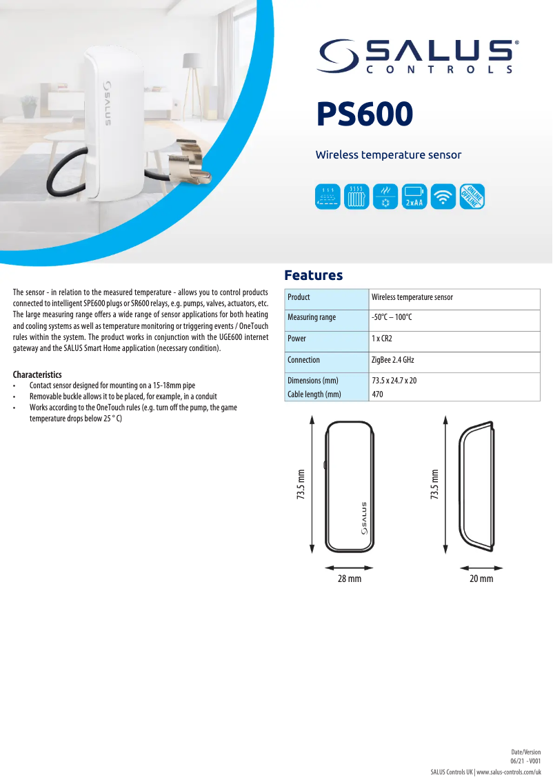 Page 1 de la notice Fiche technique Salus PS600