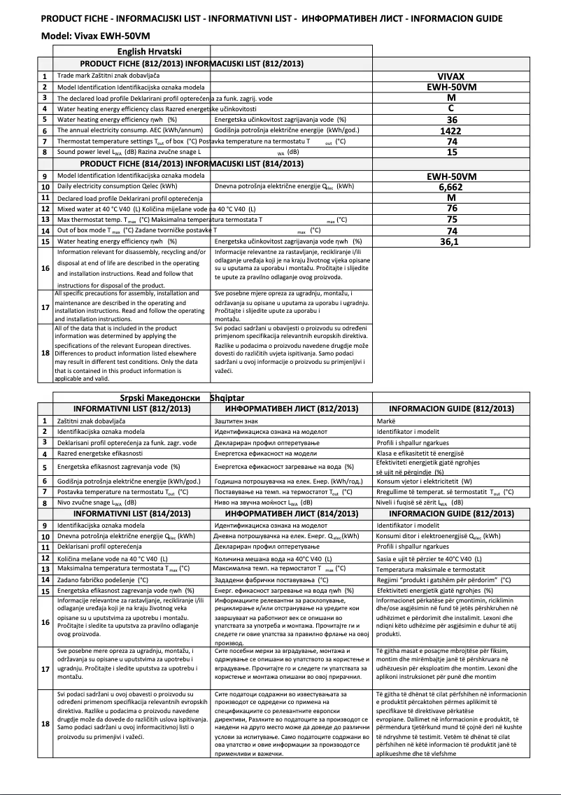 Page n°1 - Fiche technique Vivax EWH-50VM