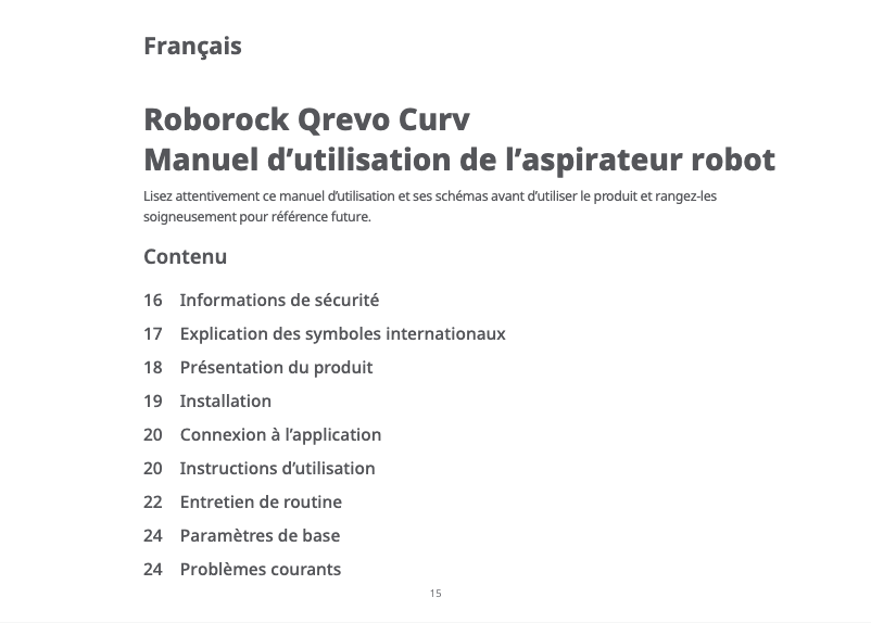 Page 1 de la notice Manuel utilisateur Roborock Qrevo Curv