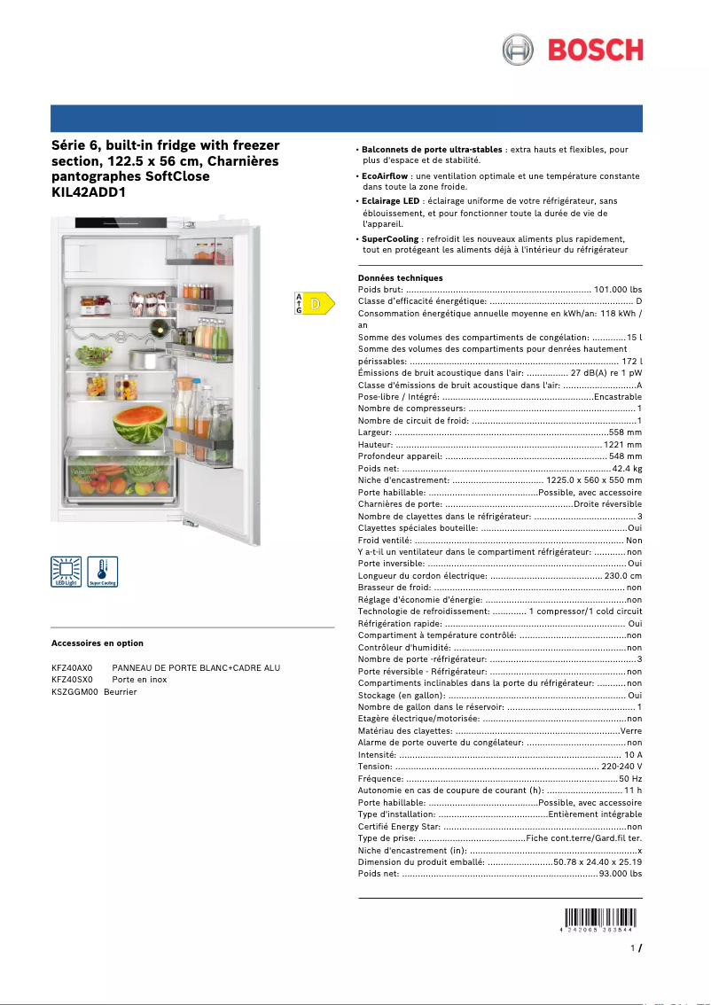 Page 1 de la notice Fiche technique Bosch KIL42ADD1