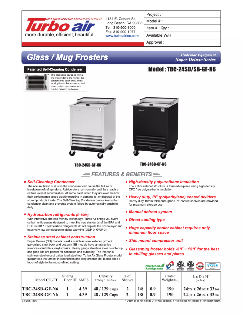 Page 1 de la notice Fiche technique Turbo air TBC-24SD-GF