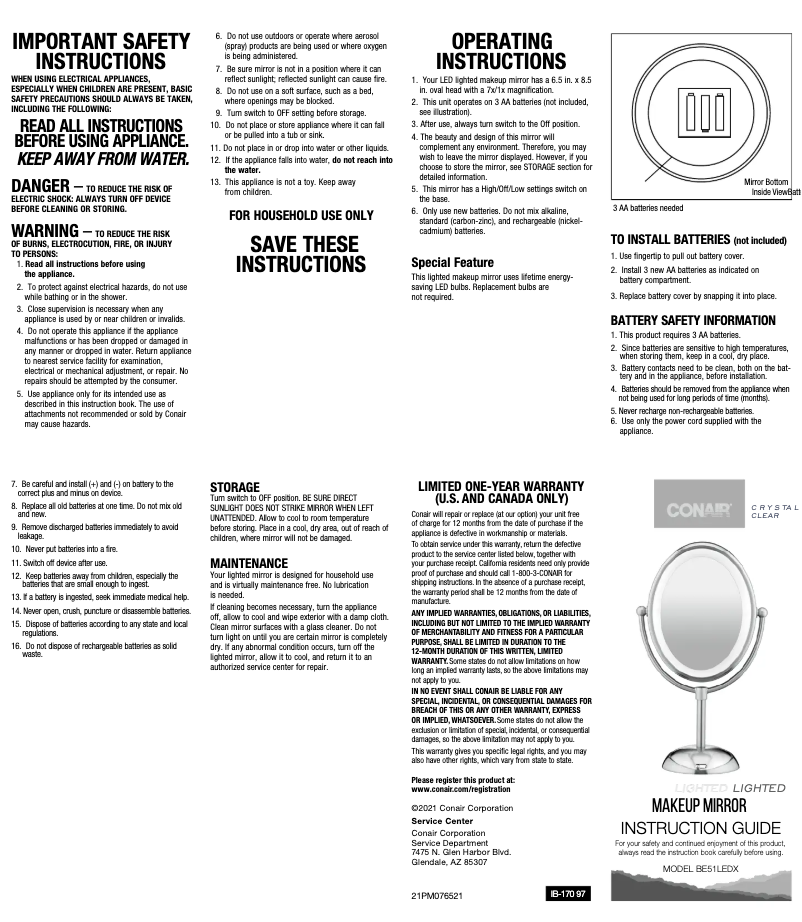 Page 1 de la notice Manuel utilisateur Conair Crystal Clear BE51LEDX