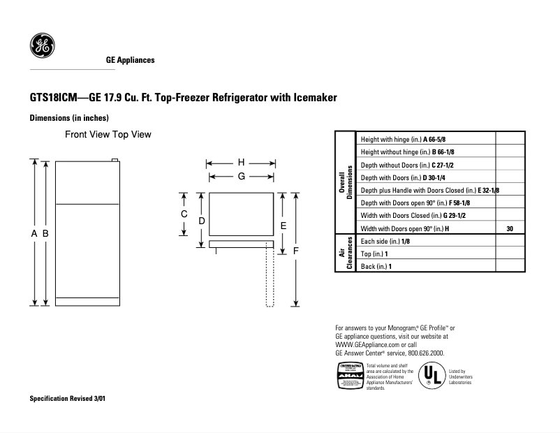 Page 1 de la notice Fiche technique GE GTS18ICMCC