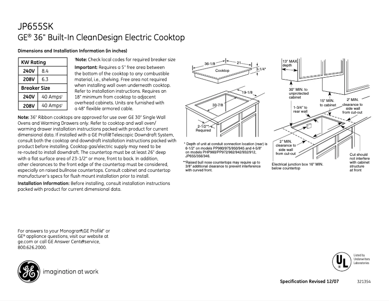 Page 1 of the manual Technical Sheet GE JP655SKSS
