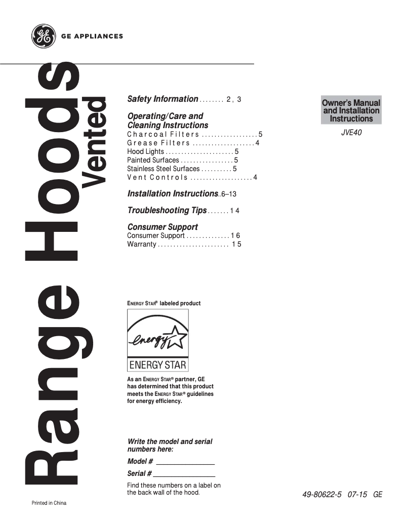 Page 1 de la notice Manuel d'utilisation et d'entretien GE JVE40DTWW
