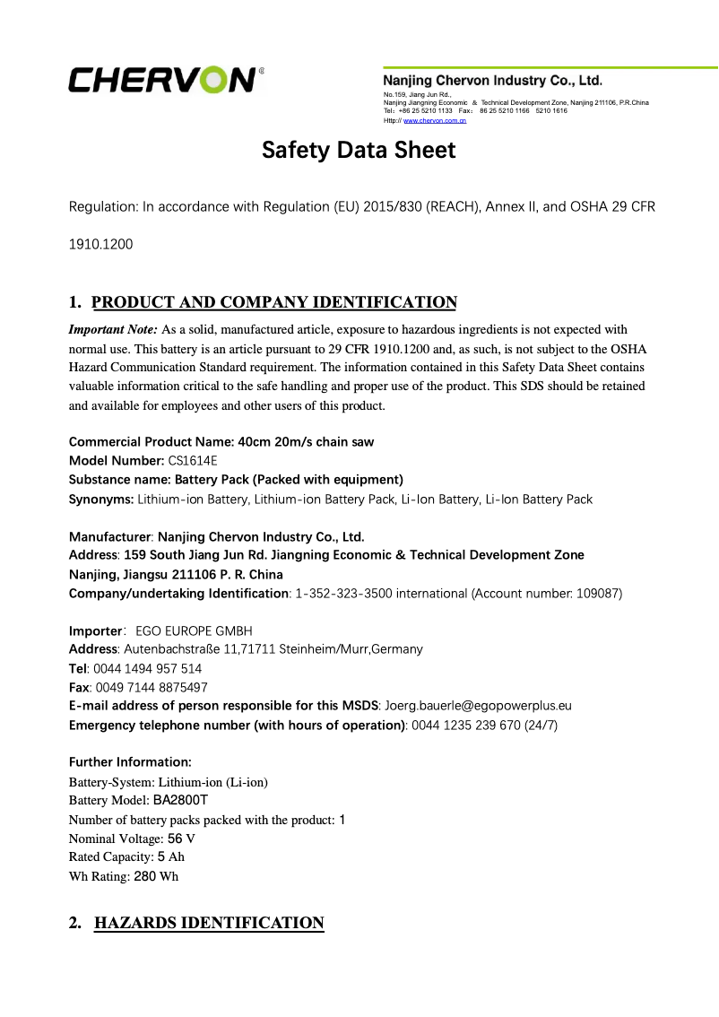 Page 1 de la notice Instructions de sécurité EGO CS1614E
