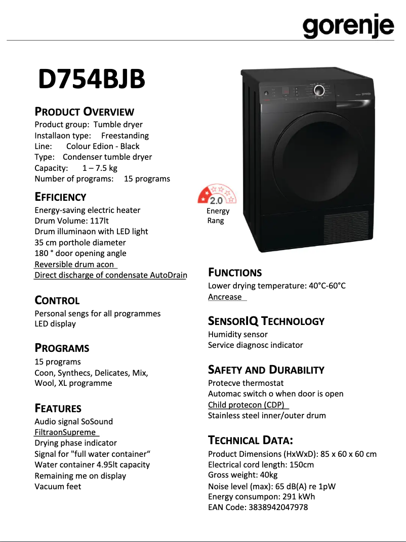 Page 1 de la notice Fiche technique Gorenje D754BJB
