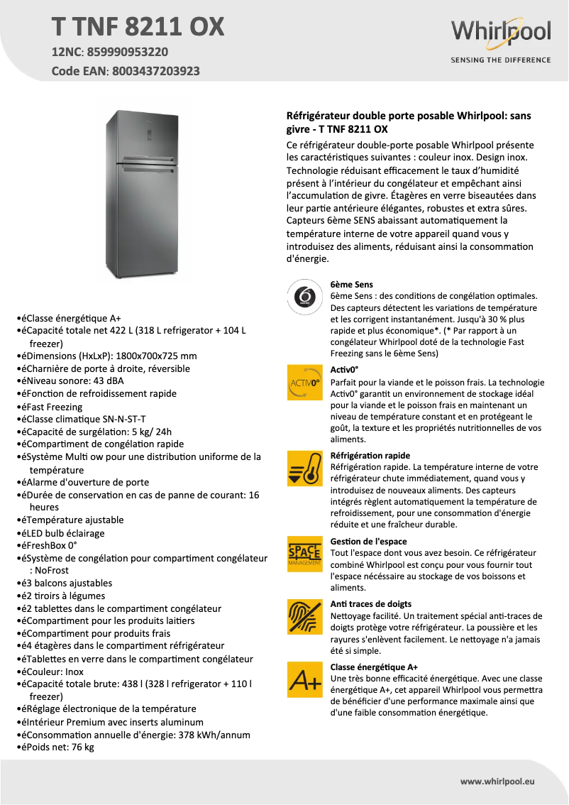 Page n°1 - Fiche technique Whirlpool T TNF 8211 OX