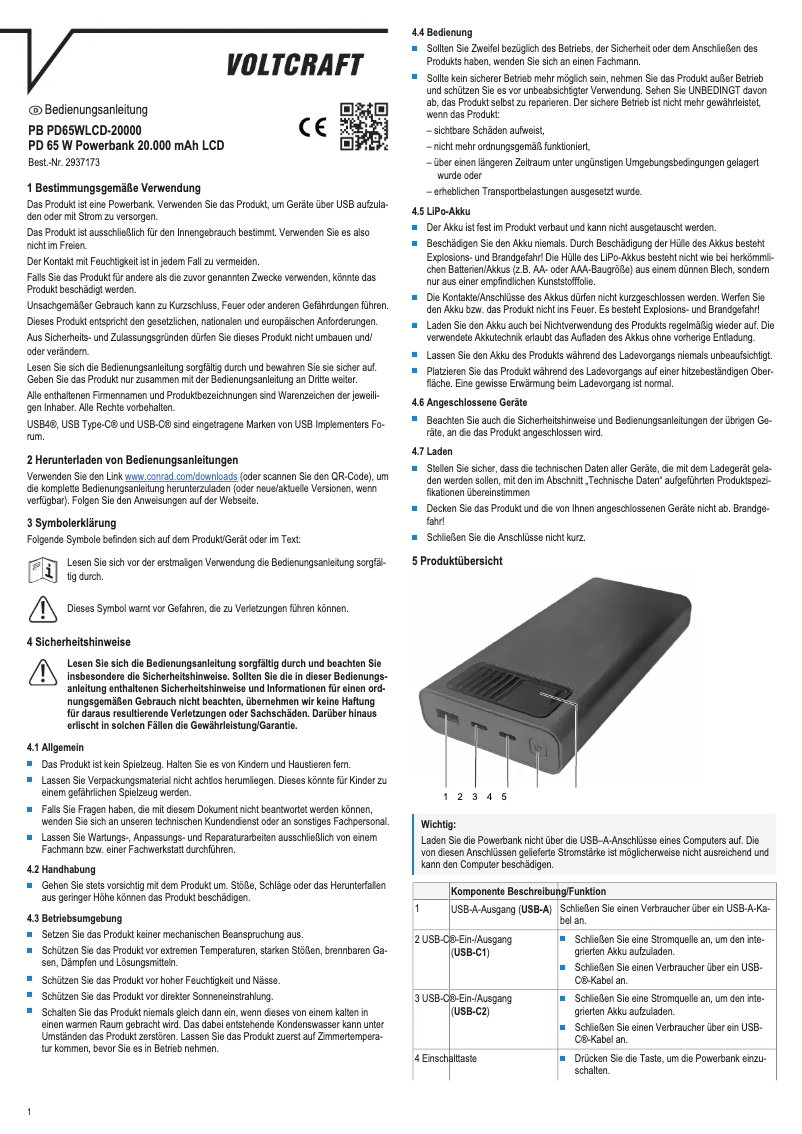 Page n°1 - Manuel utilisateur Voltcraft PB PD65WLCD-20000