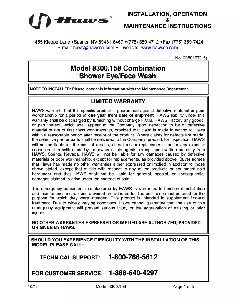 Page 1 de la notice Manuel utilisateur Haws 8300.158