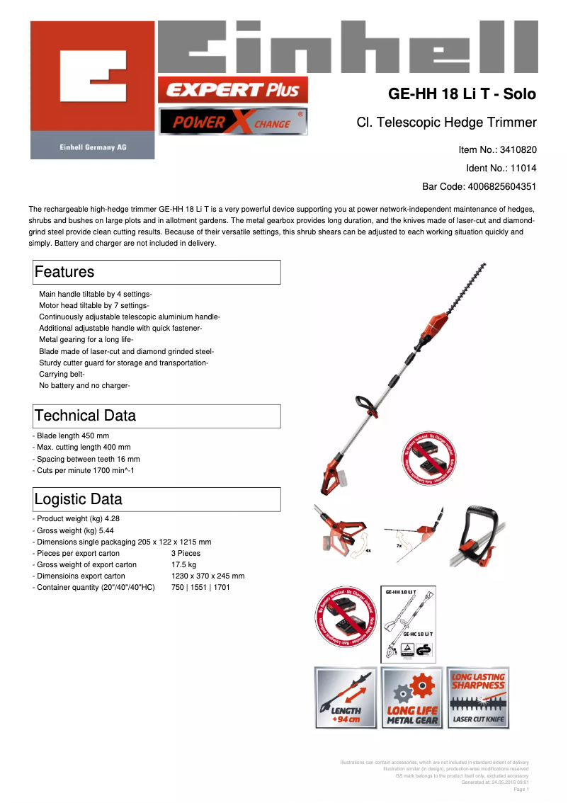 Page n°1 - Fiche technique Einhell GE-HH 18 Li T-Solo