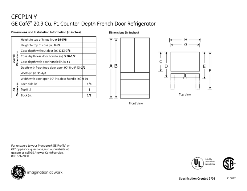 Page 1 de la notice Fiche technique GE Café CFCP1NIYSS