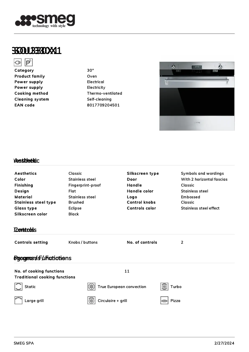 Page n°1 - Fiche technique Smeg SOU330X1