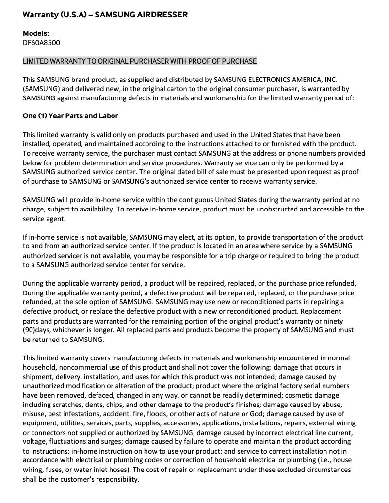 Page 1 de la notice Informations de garantie Samsung DF60A8500CG