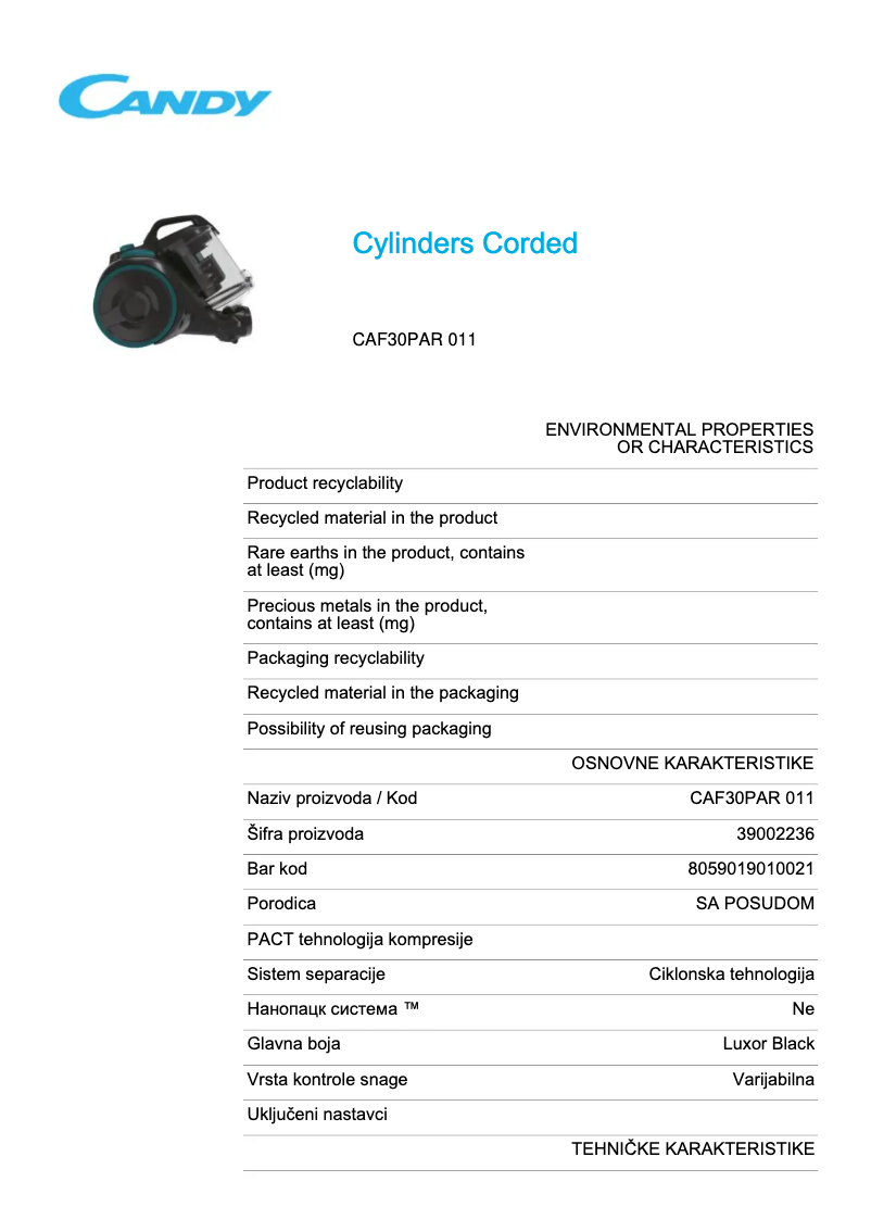 Page 1 de la notice Fiche technique Candy CAF30PAR 011
