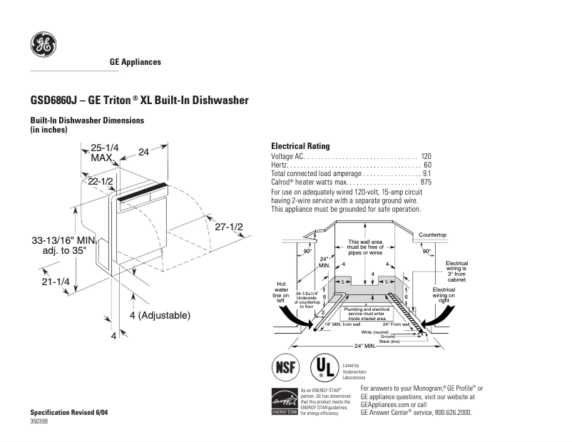 Page 1 de la notice Fiche technique GE GSD6860JSS