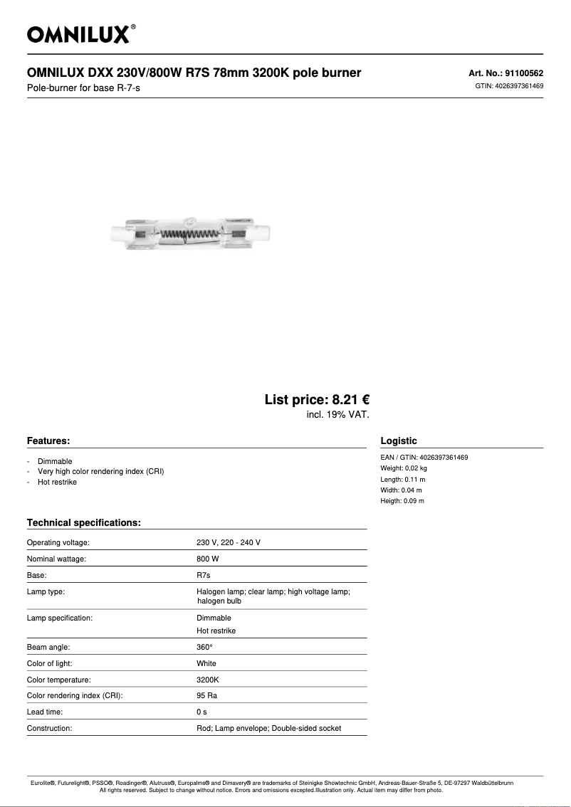 Page 1 de la notice Fiche technique Omnilux DXX 230V/800W