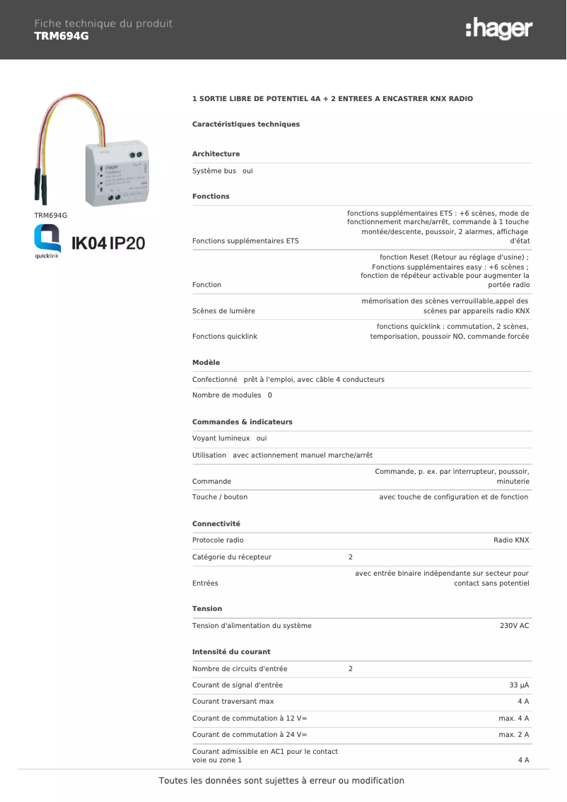 Page n°1 - Fiche technique Hager TRM694G