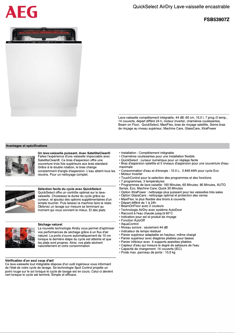 Page 1 de la notice Fiche technique AEG FSB53907Z