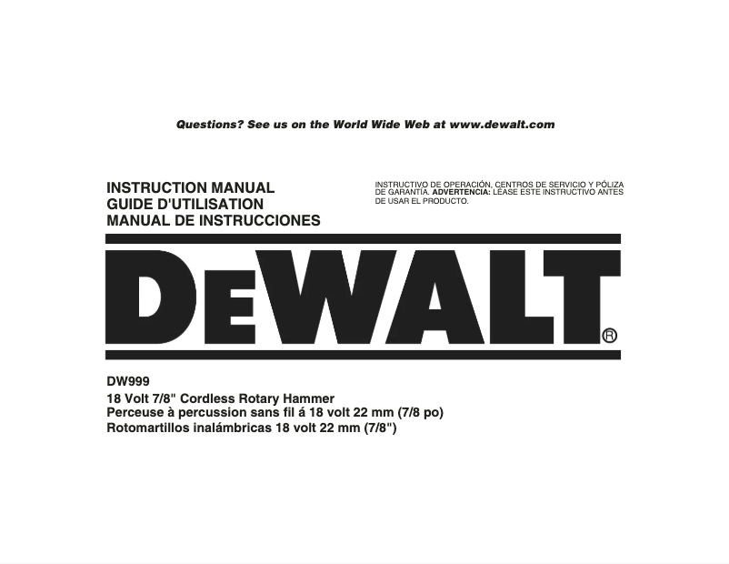 Page 1 de la notice Manuel utilisateur DeWalt DW999
