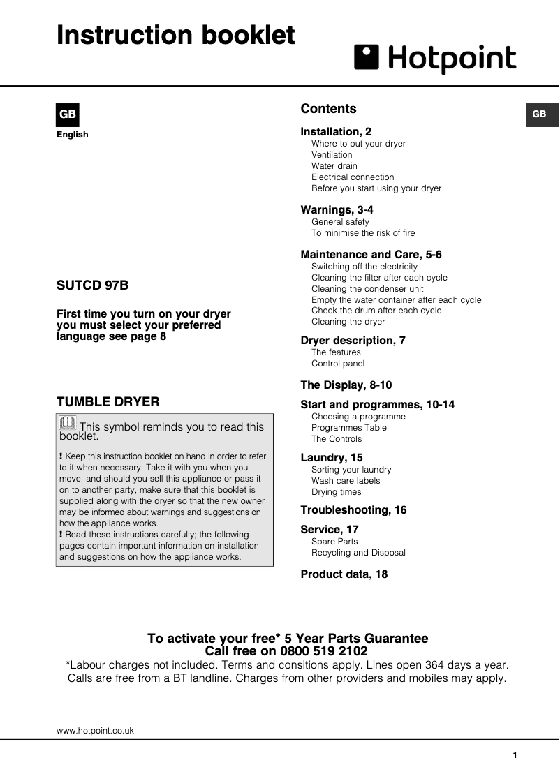 Page n°1 - Manuel utilisateur Hotpoint SUTCD 97B 6PM (UK)