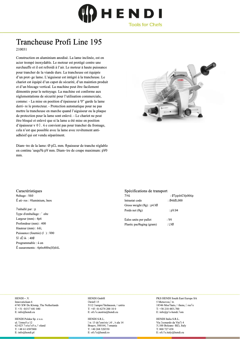 Page 1 de la notice Fiche technique Hendi 210031